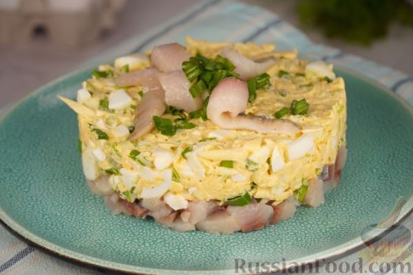 Салат-закуска с сельдью, сыром и яйцами