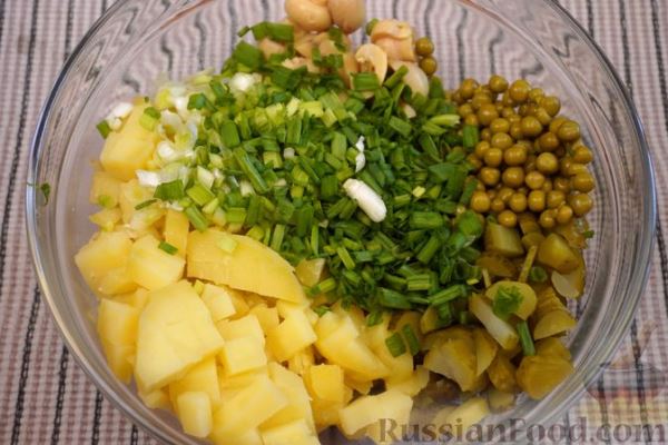 Картофельный салат с грибами, огурцами и горошком